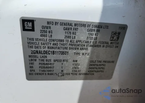 2011 Chevrolet Equinox Lt from USA, damaged, VIN 2GNALDEC1B1170601